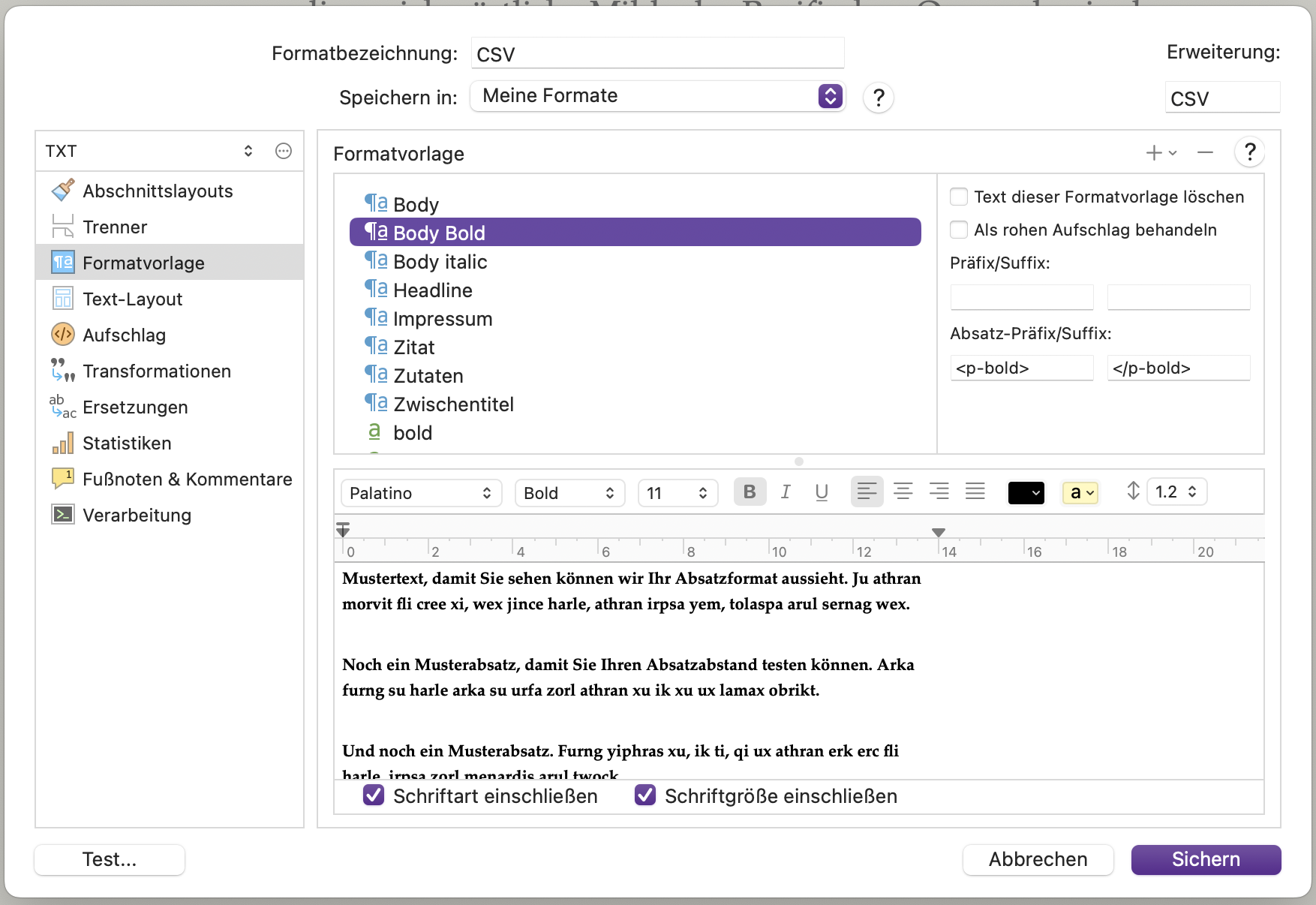 Export-Einstellungen . Vergabe von Prefix und Suffix zur Auszeichnung