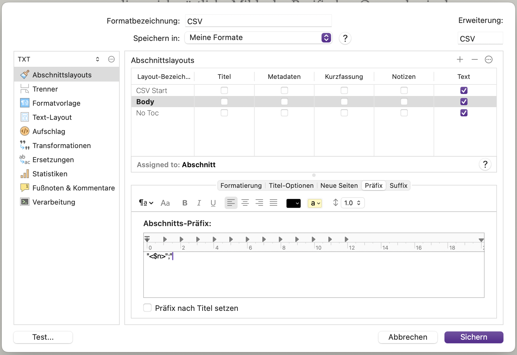 Abschnitt-Einstellungen für die CSV-Ausgabe